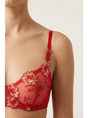 De Jumo Balenli Kapsız Çiçekli Brode Dantel Kadın Sütyen Takımı Bordo