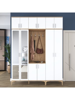 Rani EA157 Modern Portmanto 12 Kapaklı Aynalı Raflı Askılı Ayakkabılık Vestiyer Sepet Ceviz - Beyaz