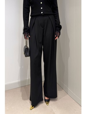 Magarde A Pile Yüksek Bel Palazzo Pantolon- Siyah