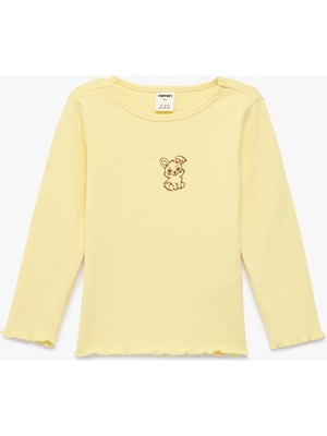 Koton Ribanalı Nakışlı Uzun Kollu Bisiklet Yaka Pamuklu Tişört