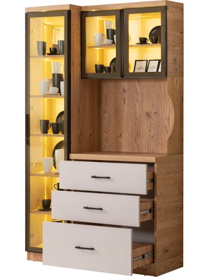 Setay Vitrinli Ünite, Liveo Kahve Köşesi + Çok Amaçlı Raflı Tek Kapaklı Dolap