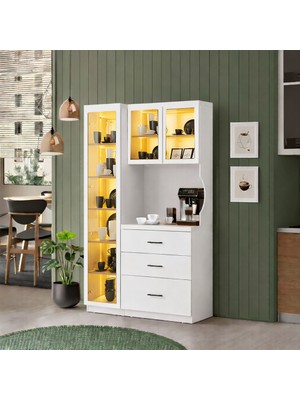 Setay Vitrinli Ünite, Liveo Kahve Köşesi + Çok Amaçlı Raflı Tek Kapaklı Dolap - Beyaz