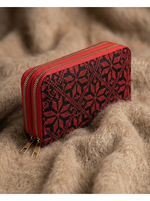 Zaytoon Filistin Geleneksel  Kırmızı Nakışlı Çift Fermuarlı Kadın Büyük Cüzdeni 20 x 10 cm A100026