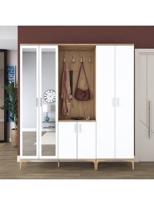 Rani EA156 Modern Aynalı Raflı Askılı Portmanto Ayakkabılık Vestiyer Sepet Ceviz - Beyaz