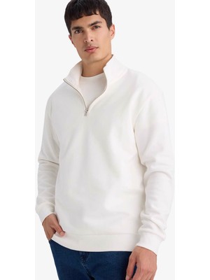 Defacto Dik Yaka Yarım Fermuarlı Beyaz Erkek Sweatshirt F9323AX/WT32