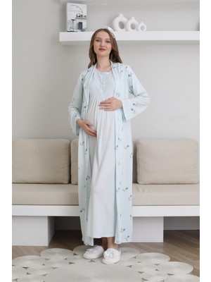 Erdeniz Tekstil Şık Hamile & Lohusa Uzun Gecelik Sabahlık Takımı-Düğme Detaylı-Emzirme Uyumlu-Tesettüre Uygun