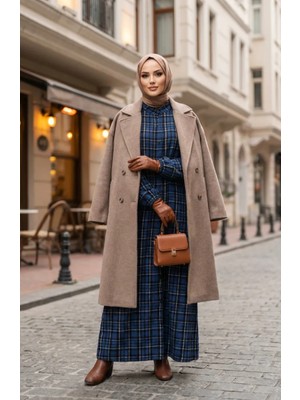 Ekose Desenli Düğmeli Oduncu Kışlık Elbise 2510-04 Indigo Siyah