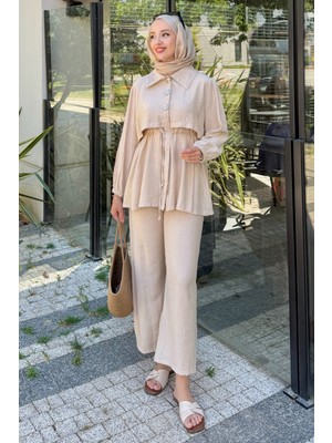 Tesettür Diyarı Şık Düğme Detaylı Alician Takım- Bej