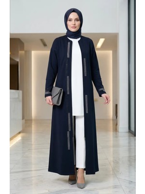 Fermuarlı Taşlı Ferace 71181-01 Lacivert