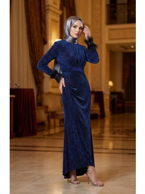 Simli Tüylü Drapeli Tesettür Abiye Elbise 5705-02 Saks