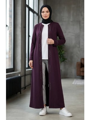 Fermuarlı Taşlı Ferace 71179-03 Mürdüm