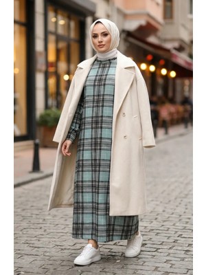 Sefa Merve Ekose Desenli Oduncu Kışlık Elbise 2508-02 Çağla Yeşili