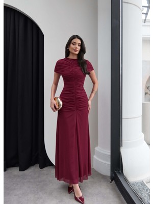 Esra Helvacı Boyun Bel Büzgülü Tül Elbise