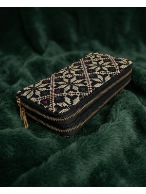 Zaytoon Filistin Geleneksel Gold Nakışlı Çift Fermuarlı Kadın Büyük Cüzdeni 20X10 cm A100028