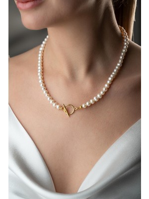 Two Arts Kadın 925 Ayar Gümüş Inci Kolye Çubuk Kilit | 14K Altın Kaplama