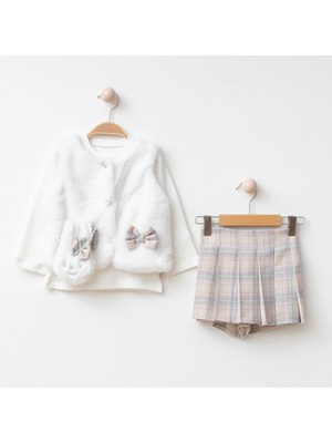 Ilay Kız Çocuk Peluş Yelek,pileli Etek ,peluş Çanta ve Penye 4'lü Kombin– Fiyonk Detaylı, Çantalı