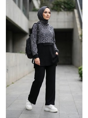 Sefa Merve Leopar Desenli Kapüşonlu Ikili Takım 2224-01 Antrasit
