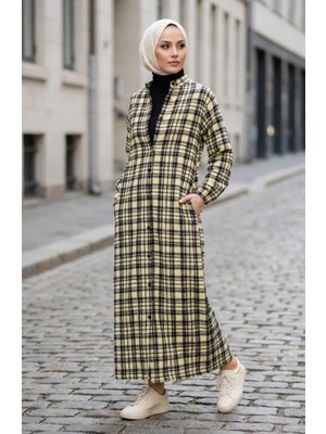 Ekose Desenli Düğmeli Oduncu Kışlık Elbise 2510-03 Sarı Siyah