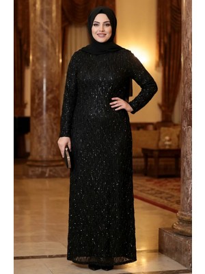 Büyük Beden Pul Payetli Tesettür Abiye Elbise 6262-01 Siyah