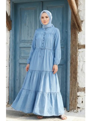 Tensel Kumaş Beli Bağcıklı Düğmeli Kot Elbise 0901-01 Mavi