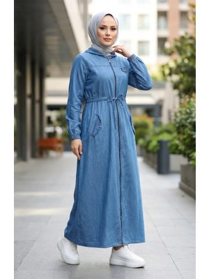 Tensel Kumaş Kapüşonlu Fermuarlı Ferace 1601-02 Lacivert