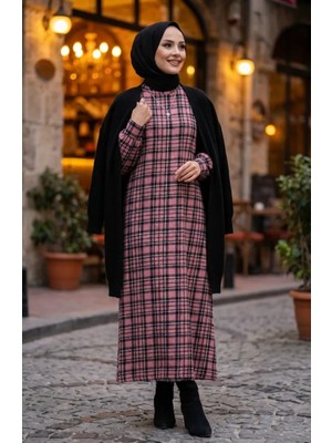 Sefa Merve Ekose Desenli Oduncu Kışlık Elbise 2507-04 Gül Kurusu