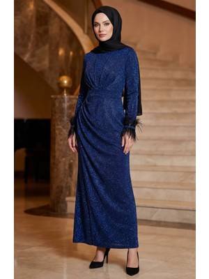 Simli Tüylü Drapeli Tesettür Abiye Elbise 5705-04 Indigo