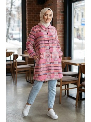 Etnik Desenli Düğmeli Oduncu Kışlık Tunik 2504-05 Pembe Indigo