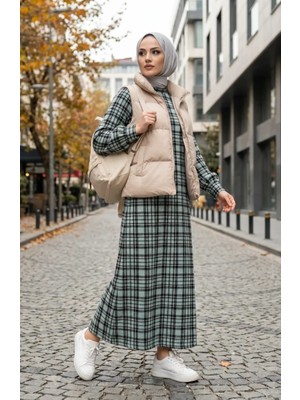 Sefa Merve Ekose Desenli Oduncu Kışlık Elbise 2507-03 Çağla Yeşili