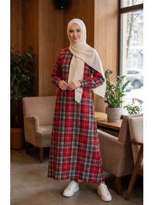 Ekose Desenli Oduncu Kışlık Elbise 2508-05 Kırmızı