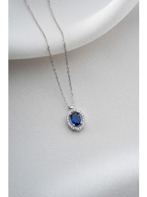 Two Arts Kadın 925 Ayar Gümüş Safir Eylül Doğum Taşlı Baget Kolye Oval | 925 Gümüş