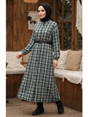 Ekose Desenli Düğmeli Oduncu Kışlık Elbise 2510-01 Çağla Yeşili Siyah