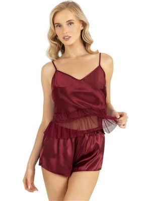 Amora Secret Özel Tasarım  Bordo Saten Şort Takımı 9209