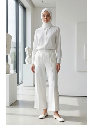 Sefa Merve Beli Lastikli Pantolon 71126-01 Krem