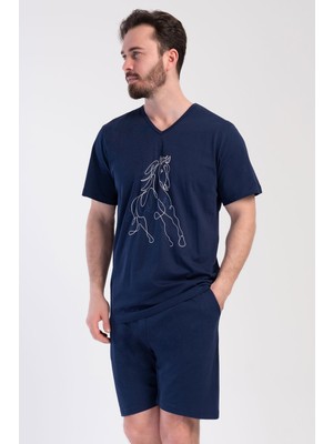 Vienetta Erkek Büyük Beden V Yaka Kısa Kol Şortlu Lacivert Penye Pijama Takımı C8T3N0104