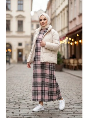 Ekose Desenli Oduncu Kışlık Elbise 2508-03 Pudra