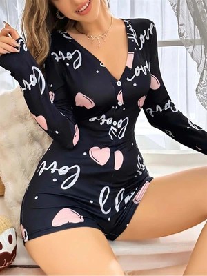 Amora Secret Özel Tasarım  Siyah Kalp Desenli Love Yazılı Düğmeli Tulum Pijama