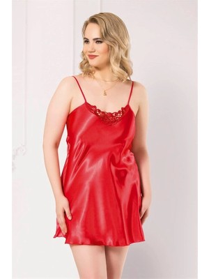 Amora Secret Özel Tasarım  Büyük Beden Kırmızı Kısa Saten Gecelik