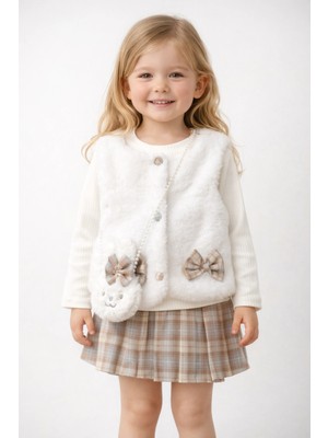 Ilay Kız Çocuk Peluş Yelek,pileli Etek ,peluş Çanta ve Penye 4'lü Kombin– Fiyonk Detaylı, Çantalı