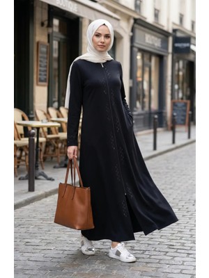 Fermuarlı Taşlı Ferace 71179-01 Lacivert