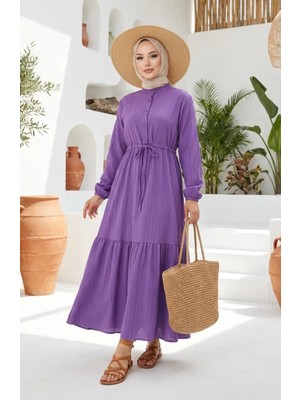 Beli Bağcıklı Yarım Düğmeli Elbise 0183-06 Lila