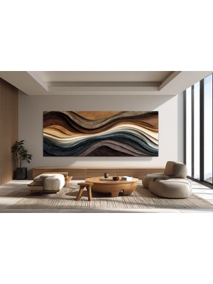 Meteor Medya Soyut Dalga Desenli Yatay Panoramik Kanvas Tablo – Modern Toprak Tonlu Duvar Dekoru