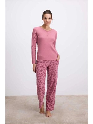 Amora Secret Özel Tasarım  Uzun Kollu T-Shirt ve Desenli Pantolon Pijama Takımı