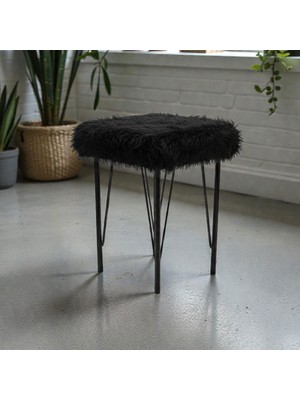 Ratemo Mobilya Kare Peluş Puf Tabure – Beyaz/siyah – Metal Ayaklı – 35×35X50 cm – Makyaj Taburesi