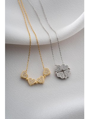 Two Arts Kadın 925 Ayar Gümüş Mıknatıslı Kalp Yonca Kolye | 14K Altın Kaplama