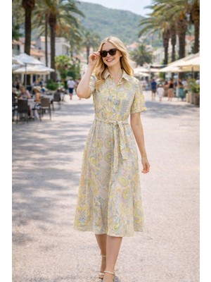 Moda Desenli Kuşaklı Midi Boy Günlük Elbise – Kısa Kollu Yazlık Kadın Elbise
