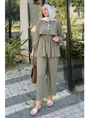 Tesettür Diyarı Şık Düğme Detaylı Alician Takım- Haki
