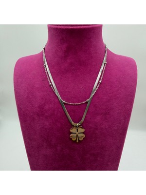 Mare Accessories Gümüş Renk Yonca Figürlü Çift Sıra Italyan Zincir Kolye