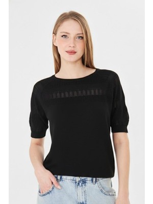 Irmak Kerekli Kadın Bisiklet Yaka Ajurlu Kısa Kol Baharlık Bluz 1701 Siyah