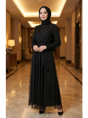 Simli Tül Detaylı Kuşaklı Tesettür Abiye Elbise 5704-04 Siyah